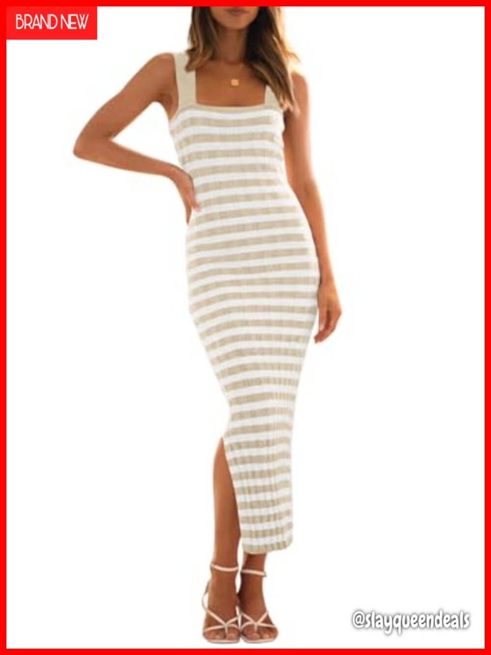 Womens Striped Ribbed Knit Bodycon Midi Sweater Dress Sleeveless Square Neck